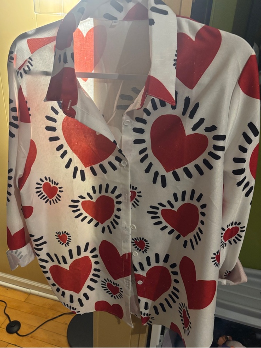 SHEIN White Button-Up Blouse with Red Heart Print